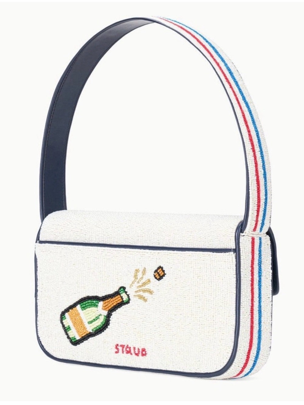 STAUD White Beaded "Stautine Crackers" Shoulder Bag with Blue Lettering - Picture 2 of 4